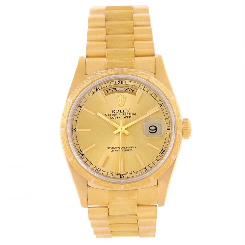 The image shows a front view of the Rolex President 18248 Men
s Yellow Gold Champagne Dial 18248 Men
s Yellow Gold Champagne Dial model watch, highlighting the dial, bracelet, and crown.