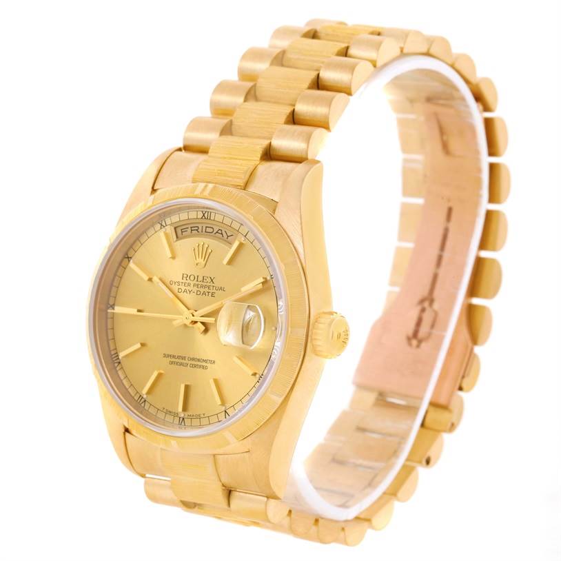 The image shows a Rolex President 18248 Men
s Yellow Gold Champagne Dial 18248 Men
s Yellow Gold Champagne Dial model from an oblique angle, highlighting its gold case, dial, and bracelet.