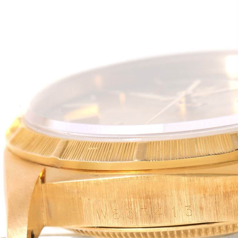 The image shows a close-up side view of the case, bezel, and crystal of a Rolex President 18248 Men
s Yellow Gold Champagne Dial 18248 Men
s Yellow Gold Champagne Dial model watch.