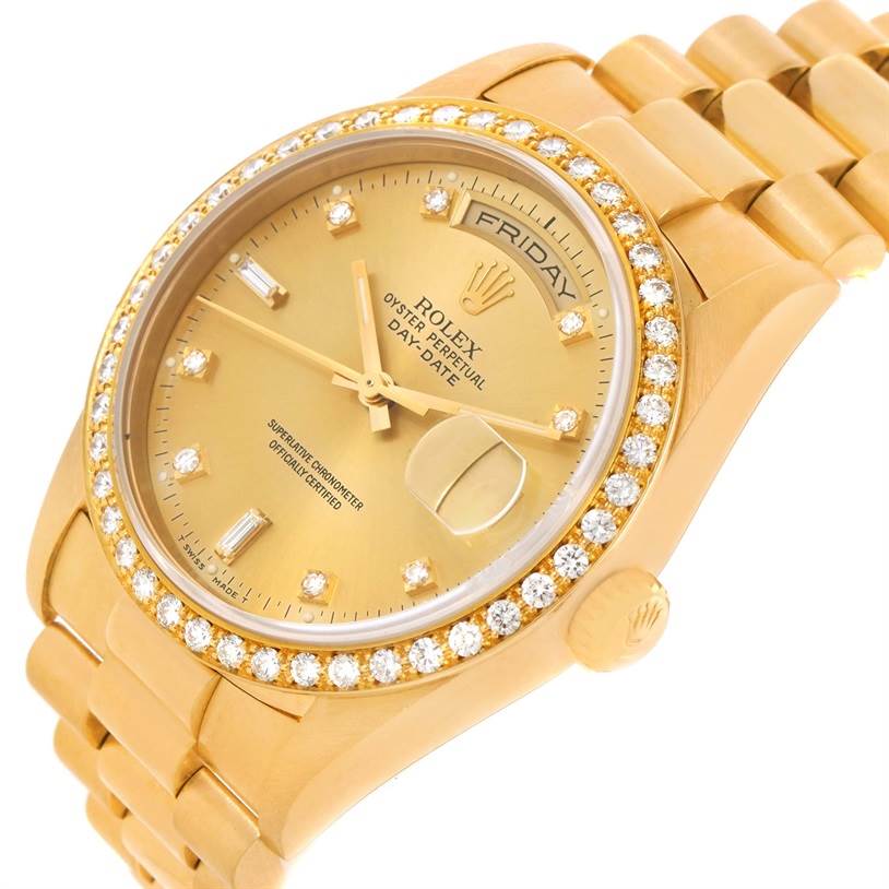 The Rolex President 18348 Men
s Yellow Gold Champagne Dial 18348 Men
s Yellow Gold Champagne Dial watch is shown at an angled top view, highlighting its dial, diamond bezel, and link bracelet.