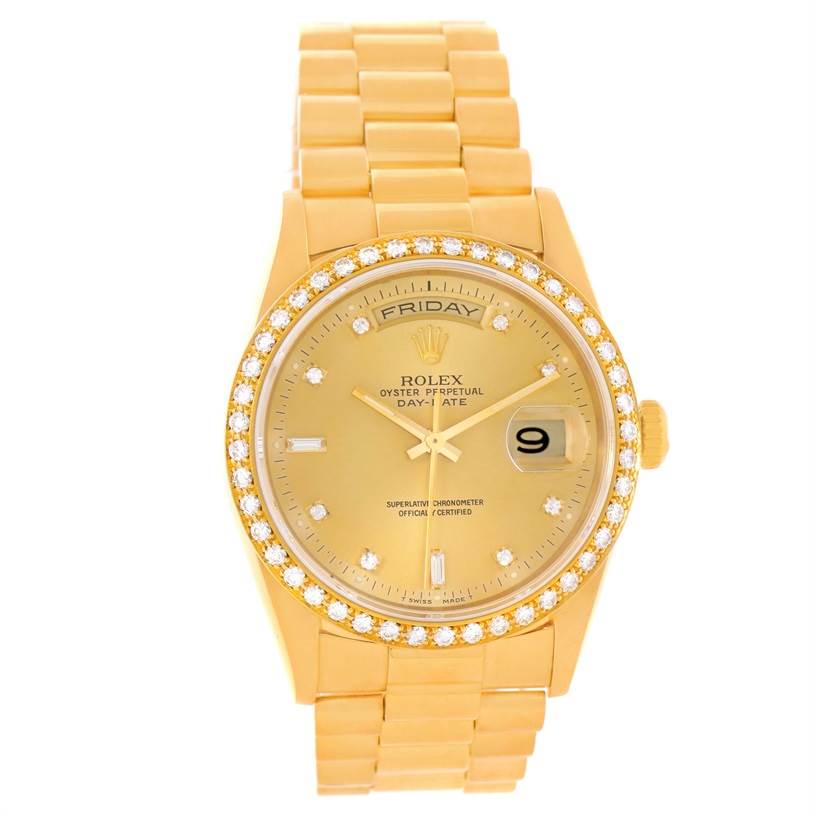 The image shows a frontal view of a Rolex President 18348 Men
s Yellow Gold Champagne Dial 18348 Men
s Yellow Gold Champagne Dial model watch with a gold bracelet, a diamond bezel, and a champagne dial.