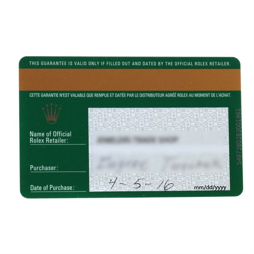 The image shows a warranty card for a Rolex President 228238 Men's Yellow Gold Silver Dial 228238 Men's Yellow Gold Silver Dial model watch, displaying the retailer, purchaser, and date of purchase details.