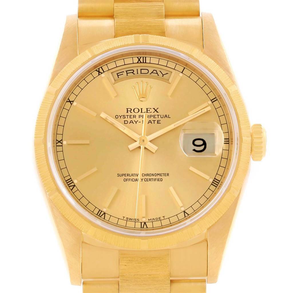 This image shows a full front view of the Rolex President 18248 Men
s Yellow Gold Champagne Dial 18248 Men
s Yellow Gold Champagne Dial model watch, displaying the face, bezel, crown, bracelet, and date window.