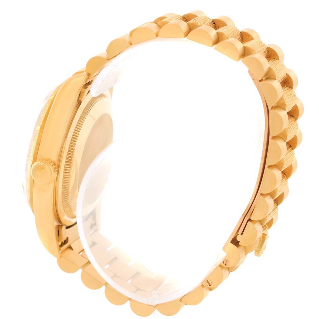 The image shows a side view of the Rolex President 18248 Men
s Yellow Gold Champagne Dial 18248 Men
s Yellow Gold Champagne Dial model watch, highlighting the crown, case, and bracelet.