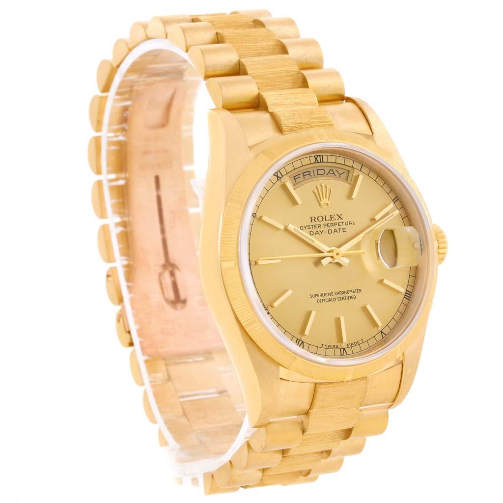 The image shows a Rolex President 18248 Men
s Yellow Gold Champagne Dial 18248 Men
s Yellow Gold Champagne Dial model watch at a slight angle, highlighting the dial, bracelet, and crown.