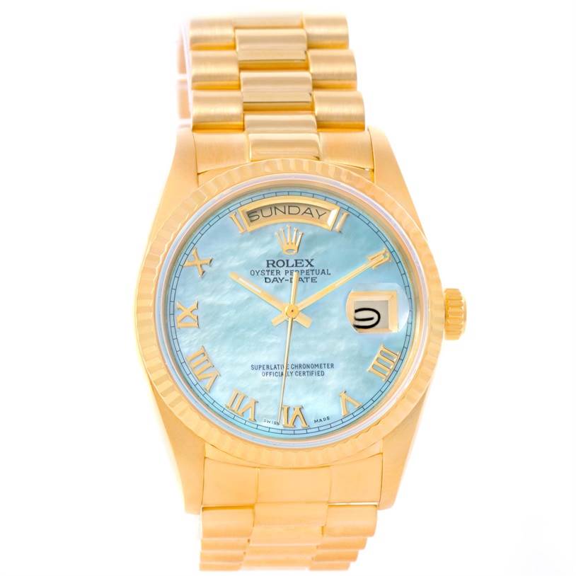 This image shows a Rolex President 18038 Men
s Yellow Gold Mother of Pearl Dial 18038 Men
s Yellow Gold Mother of Pearl Dial model watch from a straight-on angle, highlighting its dial, case, and bracelet.