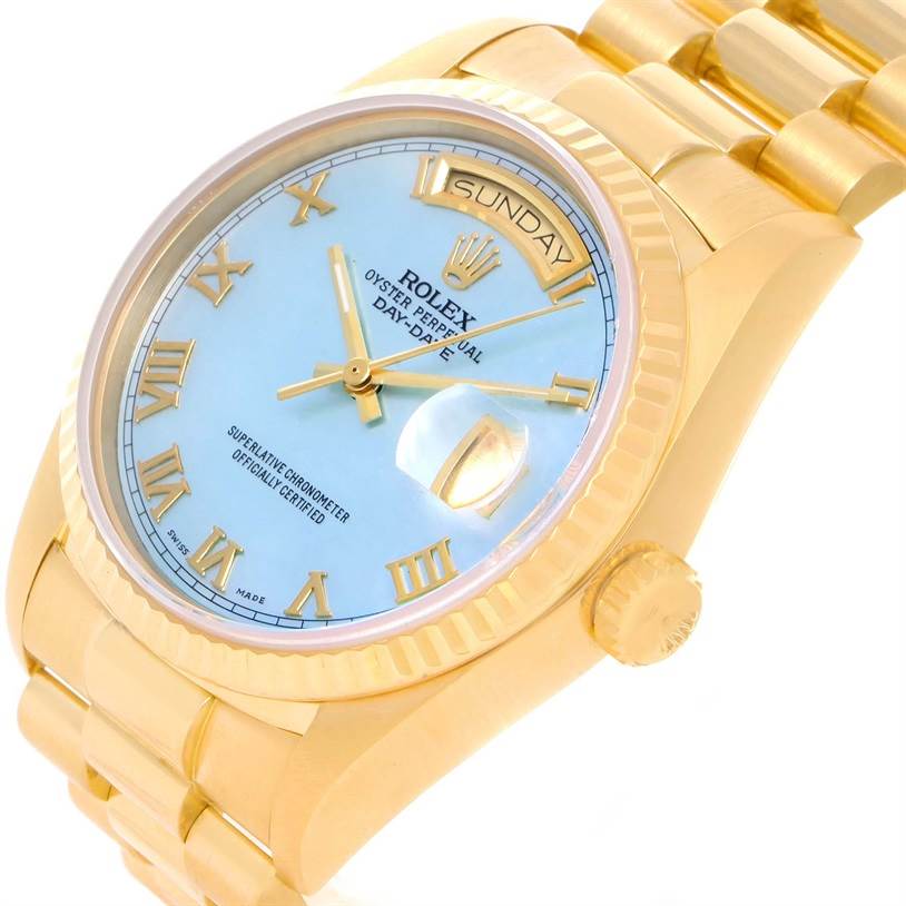 The image shows a close-up of a Rolex President 18038 Men
s Yellow Gold Mother of Pearl Dial 18038 Men
s Yellow Gold Mother of Pearl Dial model watch, featuring the face, bezel, crown, and part of the bracelet.