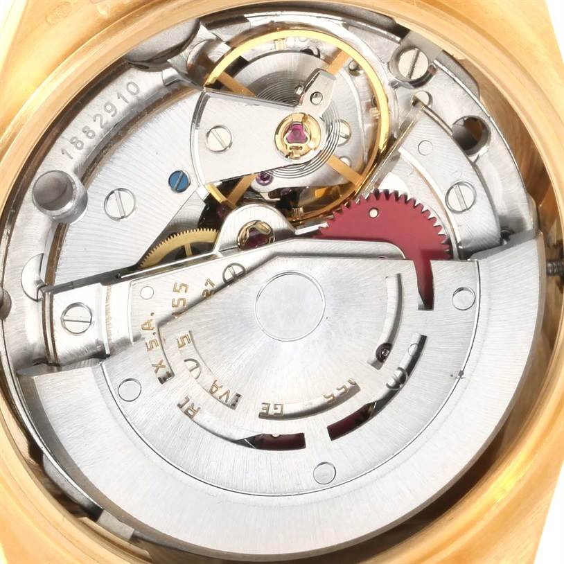 This is a close-up view of the internal mechanism of the Rolex President 18038 Men
s Yellow Gold Mother of Pearl Dial 18038 Men
s Yellow Gold Mother of Pearl Dial model watch.