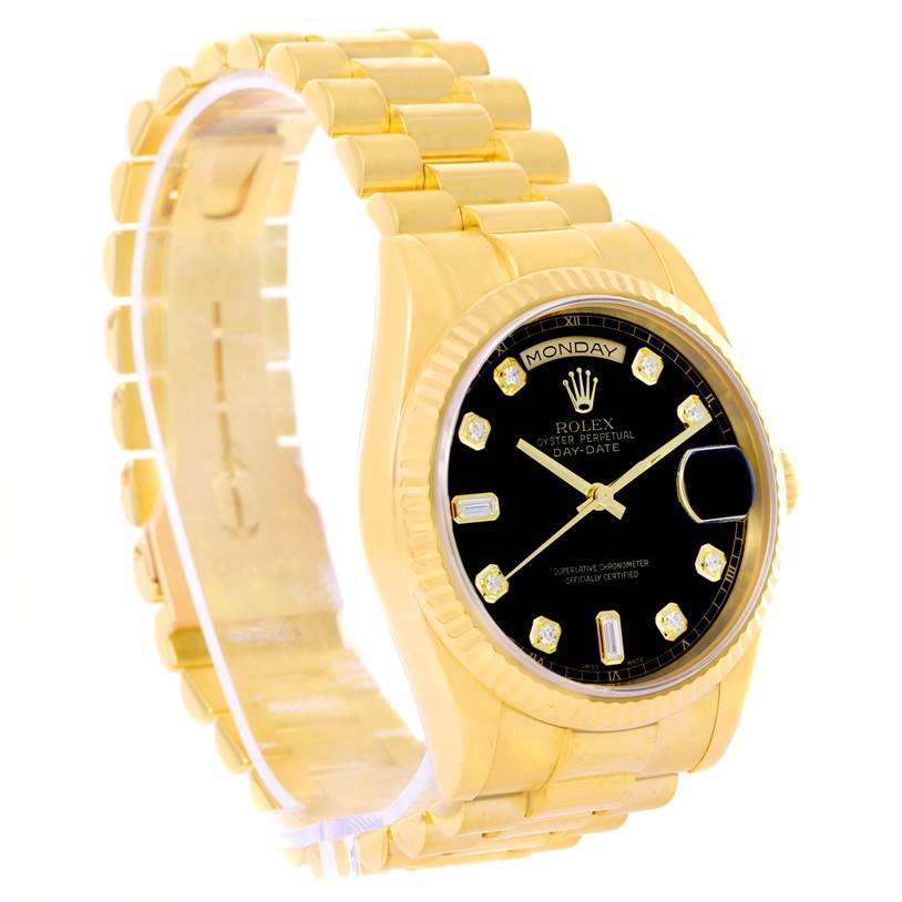 This image shows a Rolex President 118238 Men
s Yellow Gold Black Dial 118238 Men
s Yellow Gold Black Dial model watch at an angled view, highlighting its gold band, black dial, and diamond hour markers.