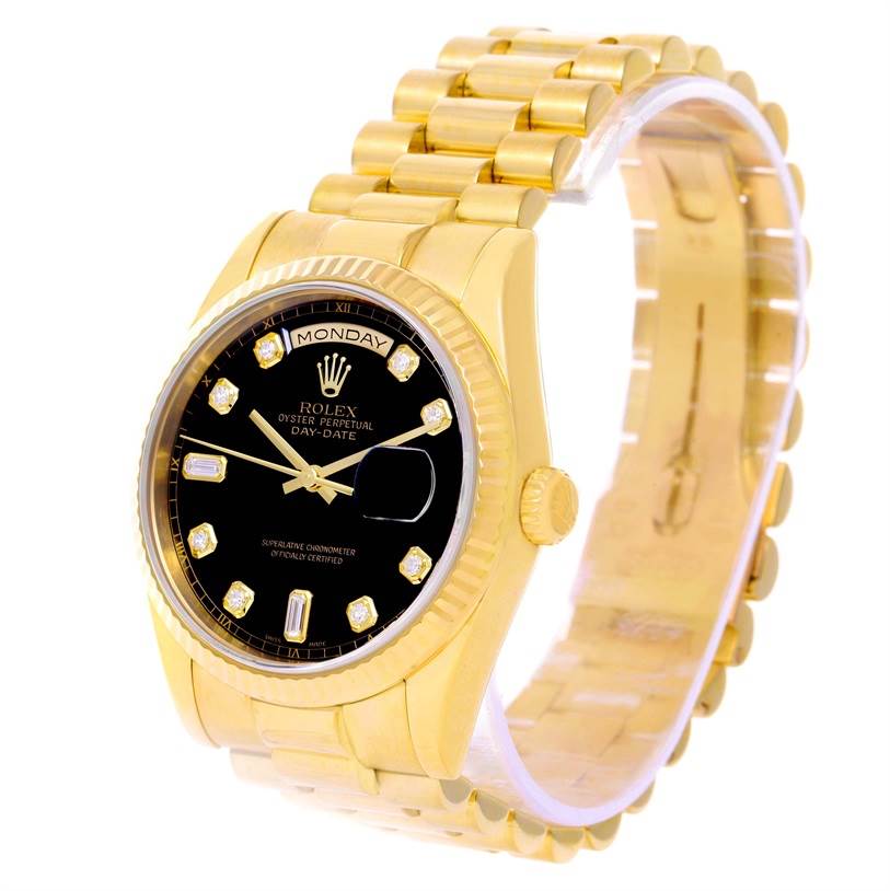 The Rolex President 118238 Men
s Yellow Gold Black Dial 118238 Men
s Yellow Gold Black Dial watch is shown at a three-quarter angle, displaying the face, case, crown, and part of the bracelet.
