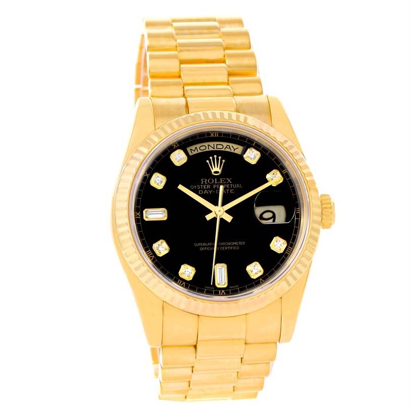 The image shows a front view of the Rolex President 118238 Men
s Yellow Gold Black Dial 118238 Men
s Yellow Gold Black Dial model watch, featuring its black dial, gold strap, and date display.
