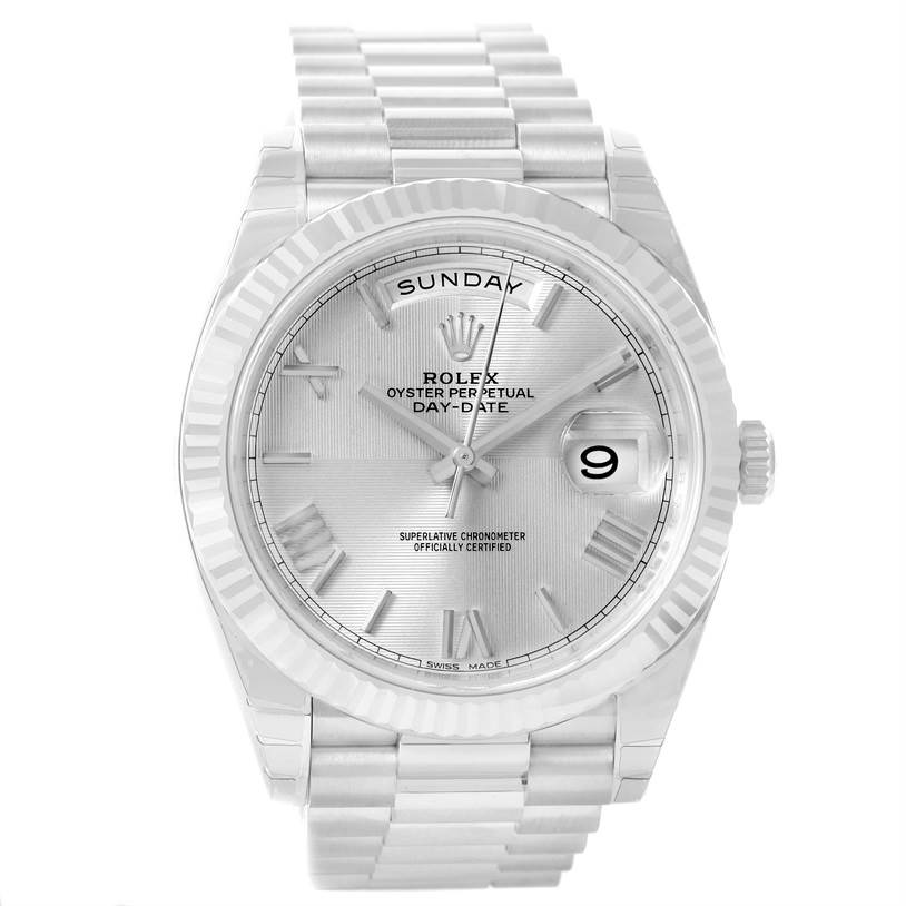 This is a front view of a Rolex President 228239 Men's White Gold Silver Dial 228239 Men's White Gold Silver Dial Oyster Perpetual Day-Date watch, showing the dial, bracelet, and crown.