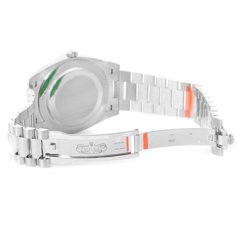 The image shows the back case and opened clasp of a Rolex President 228239 Men's White Gold Silver Dial 228239 Men's White Gold Silver Dial model watch from a rear angle.