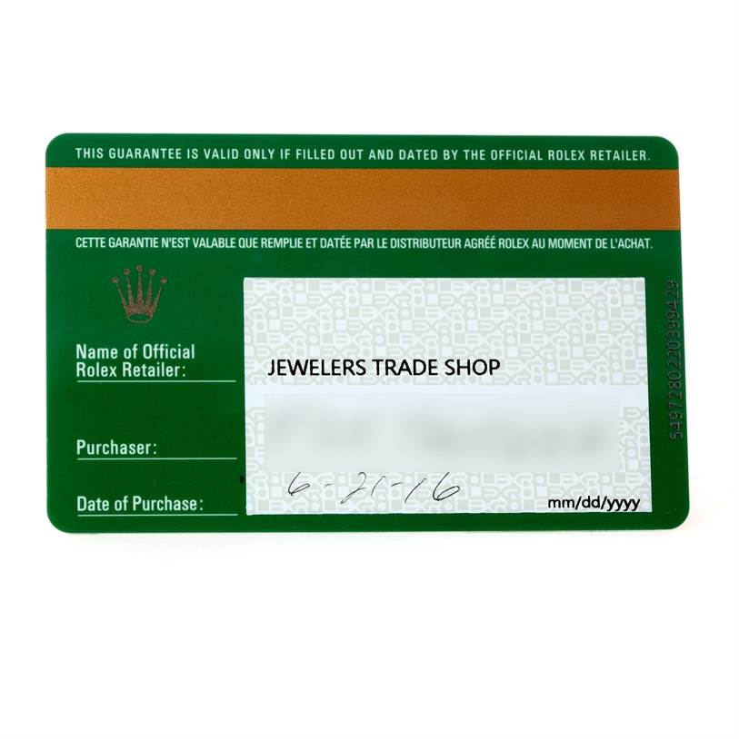 The image shows the warranty card for a Rolex President 228239 Men's White Gold Silver Dial 228239 Men's White Gold Silver Dial model, indicating details such as the retailer and purchase date.