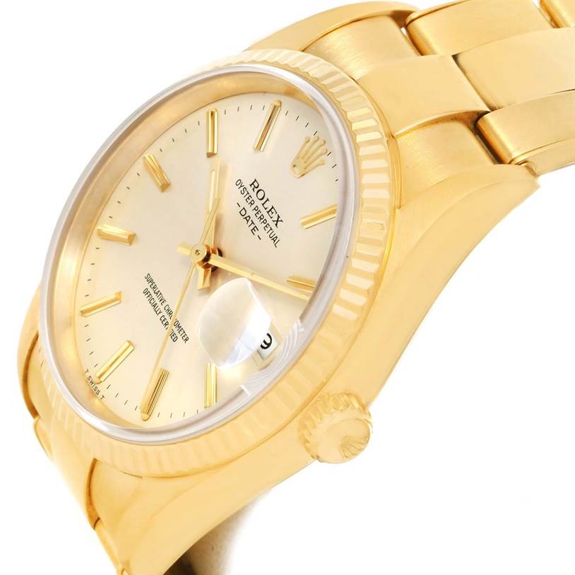 The image shows a close-up, side angle of the Rolex President 15238 Men
s Yellow Gold Silver Dial 15238 Men
s Yellow Gold Silver Dial model watch displaying the face, bezel, and part of the bracelet.