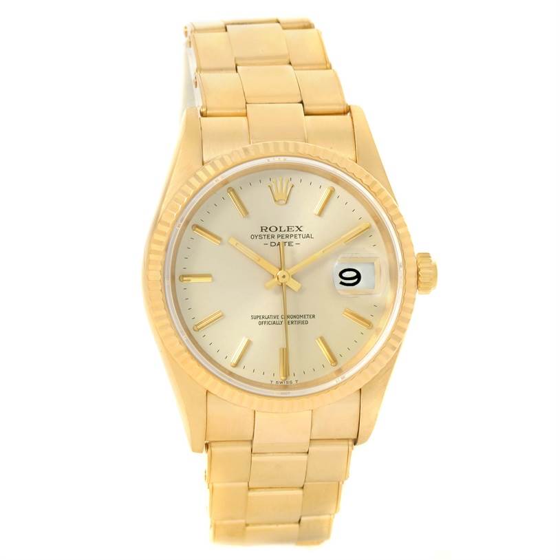 This image shows a frontal view of a Rolex President 15238 Men
s Yellow Gold Silver Dial 15238 Men
s Yellow Gold Silver Dial model watch featuring its dial, case, bracelet, and date magnifier.