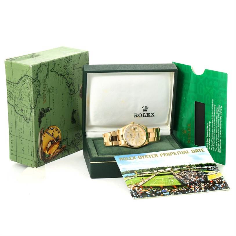 The image displays a Rolex President 15238 Men
s Yellow Gold Silver Dial 15238 Men
s Yellow Gold Silver Dial model watch in its box, accompanied by its outer box and paperwork, viewed from the front.