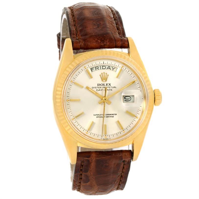 The image shows a frontal view of a Rolex President 1803 Men
s Yellow Gold Silver Dial 1803 Men
s Yellow Gold Silver Dial model watch, highlighting the dial, bezel, crown, and leather strap.