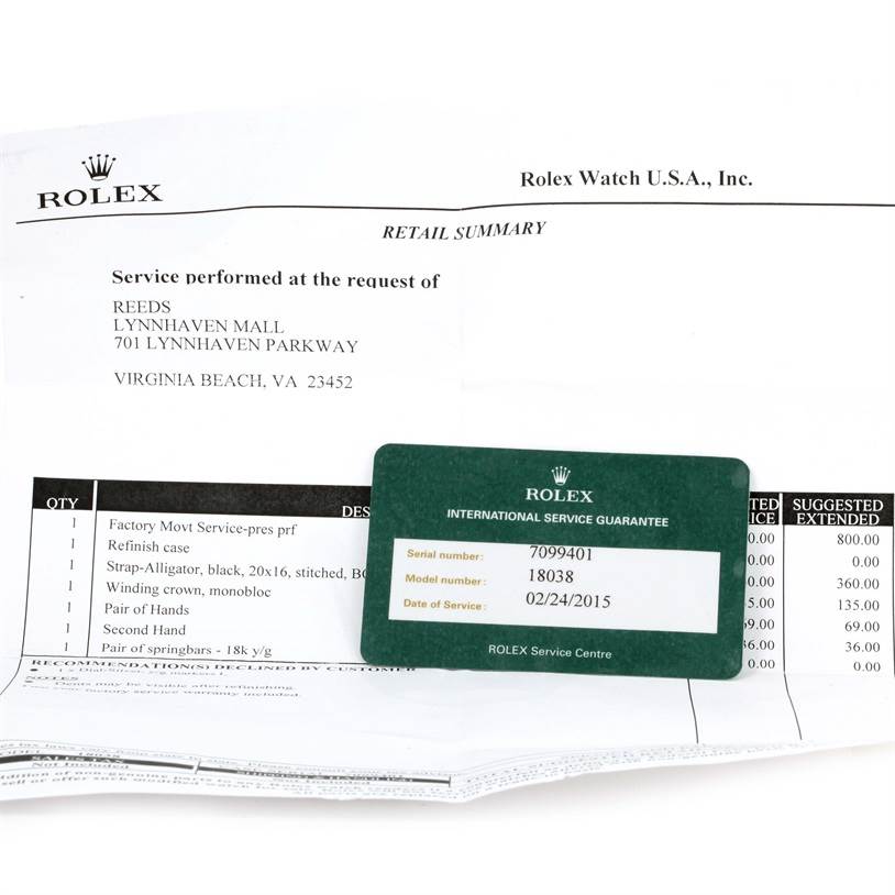 The image shows documentation for a Rolex President 18038 Men
s Yellow Gold Champagne Dial 18038 Men
s Yellow Gold Champagne Dial model watch, including a retail summary and an international service guarantee card.