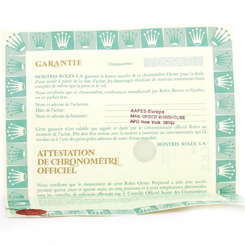 The image shows the warranty and official chronometer certification papers for the Rolex President 18038 Men
s Yellow Gold Champagne Dial 18038 Men
s Yellow Gold Champagne Dial model.