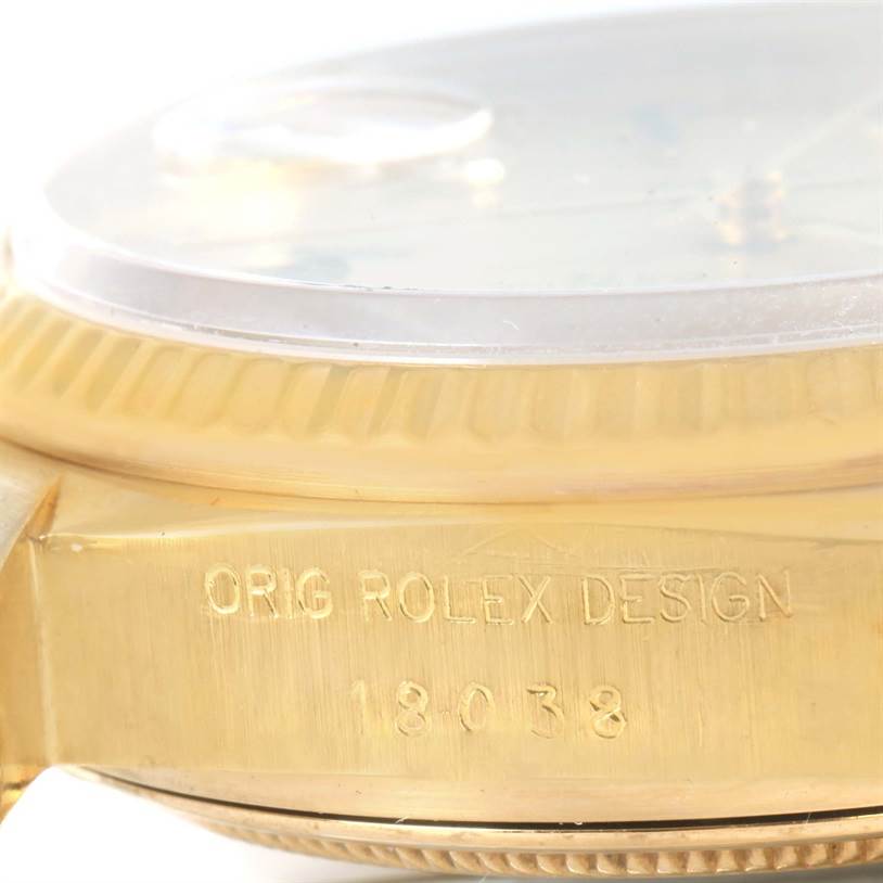 This close-up angle shows the etched serial number and case side of the Rolex President 18038 Men
s Yellow Gold Champagne Dial 18038 Men
s Yellow Gold Champagne Dial model watch.
