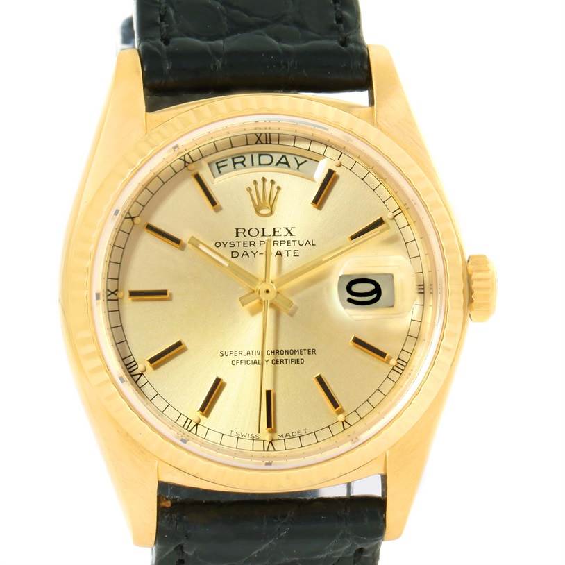 The image shows a front view of the Rolex President 18038 Men
s Yellow Gold Champagne Dial 18038 Men
s Yellow Gold Champagne Dial model watch, displaying its dial, hour markers, hands, day, and date windows.