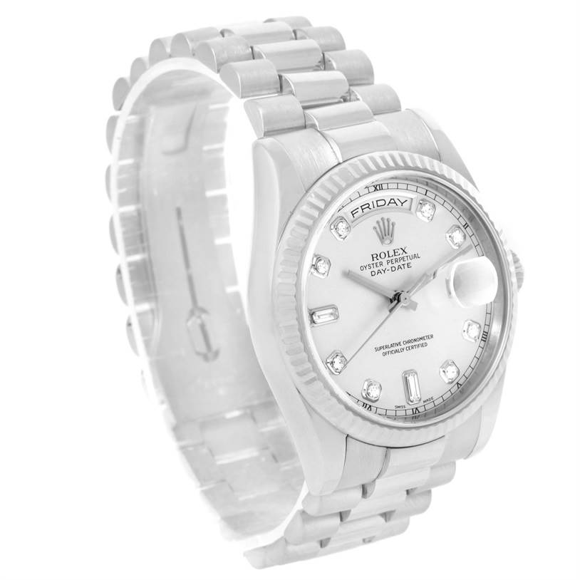The image shows a frontal angle of a Rolex President 118239 Men's White Gold Silver Dial 118239 Men's White Gold Silver Dial watch, displaying the dial, date, and bracelet.