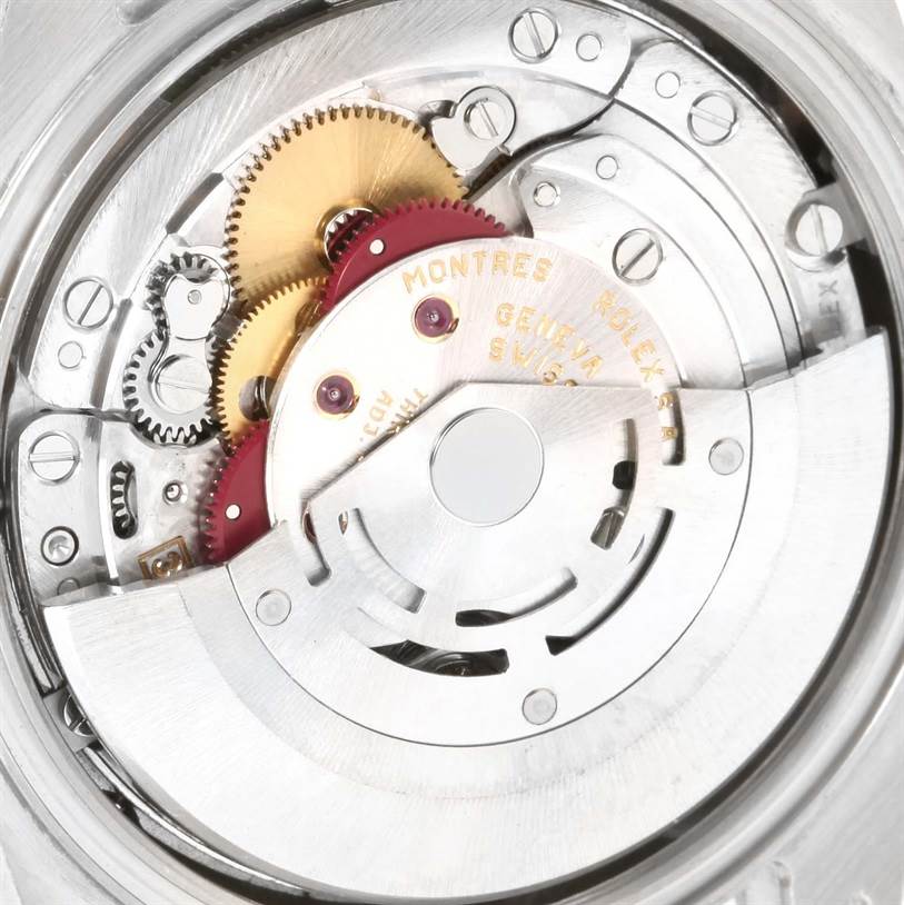 The image shows a close-up of the Rolex President 118239 Men's White Gold Silver Dial 118239 Men's White Gold Silver Dial model's internal movement and mechanism components.