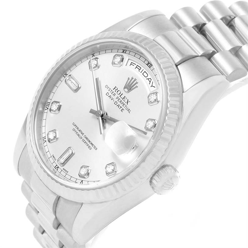 The image shows a close-up angled view of the Rolex President 118239 Men's White Gold Silver Dial 118239 Men's White Gold Silver Dial model, highlighting the dial, bezel, crown, and part of the bracelet.