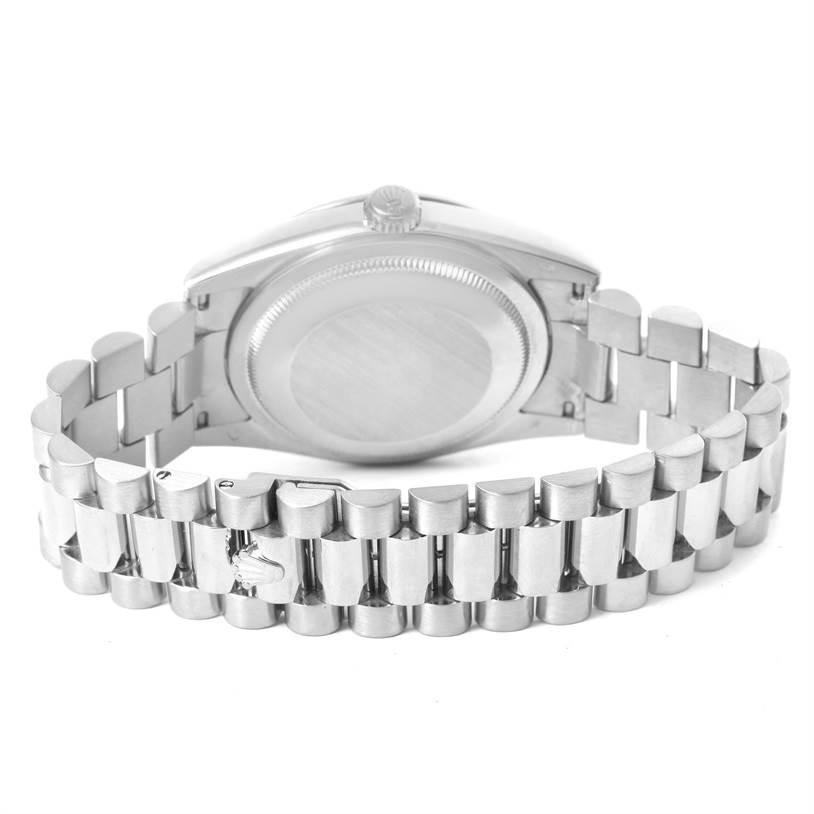 This image shows the back case and bracelet of a Rolex President 118239 Men's White Gold Silver Dial 118239 Men's White Gold Silver Dial model watch from a bottom angle.