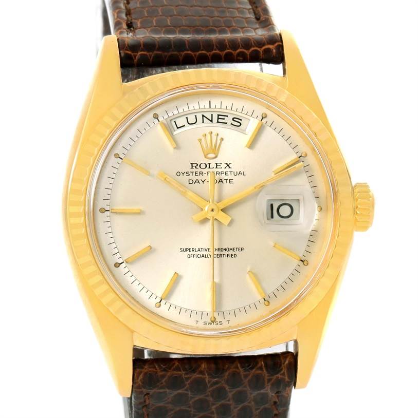 This is a front view of the Rolex President 1803 Men
s Yellow Gold Silver Dial 1803 Men
s Yellow Gold Silver Dial model, showing the dial, bezel, crown, and a brown leather strap.