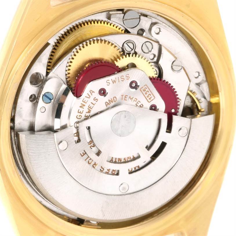 This image shows the internal movement components of the Rolex President 1803 Men
s Yellow Gold Silver Dial 1803 Men
s Yellow Gold Silver Dial model watch, viewed from the back.