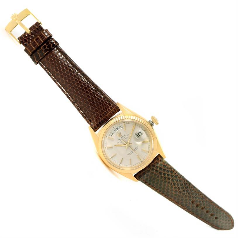 This image shows a top view of the Rolex President 1803 Men
s Yellow Gold Silver Dial 1803 Men
s Yellow Gold Silver Dial watch with a brown textured leather strap and a gold buckle.