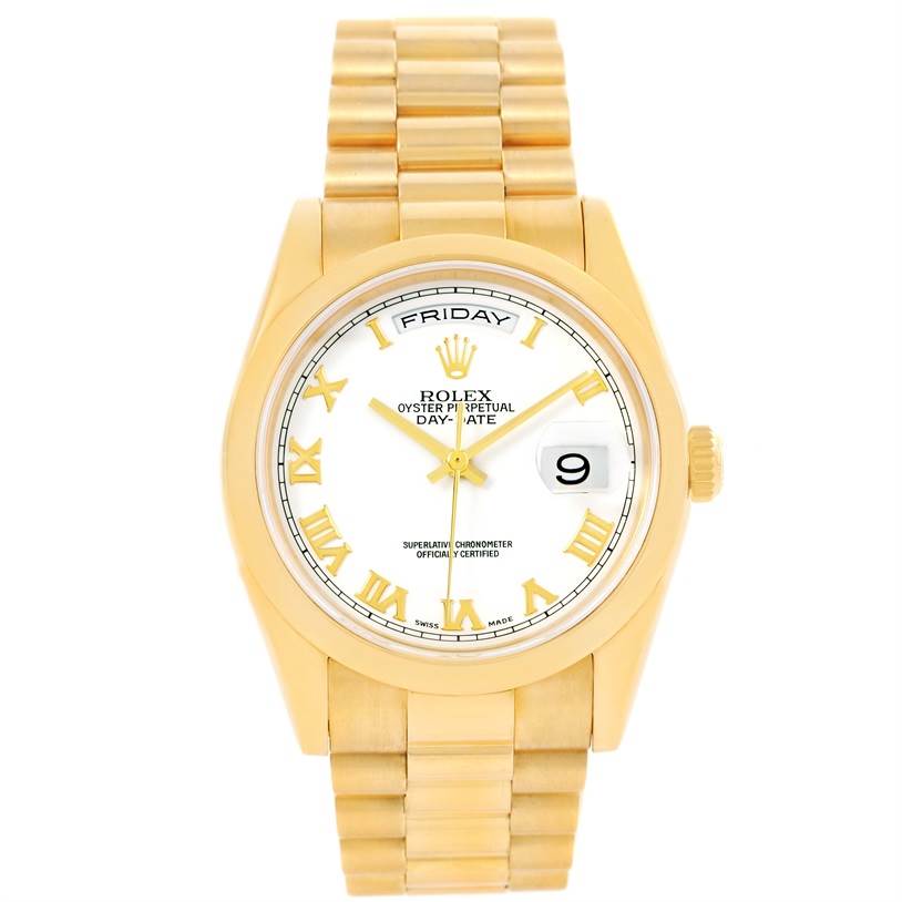 The image shows a Rolex President 118208 Men
s Yellow Gold White Dial 118208 Men
s Yellow Gold White Dial model watch from a straight-on angle, displaying the face, bezel, and bracelet.