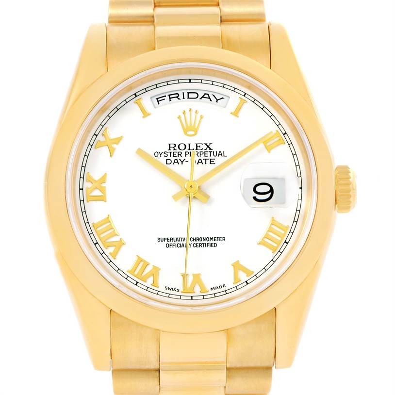 This image shows a front view of a Rolex President 118208 Men
s Yellow Gold White Dial 118208 Men
s Yellow Gold White Dial model watch, displaying the face, bezel, crown, bracelet, and day/date features.