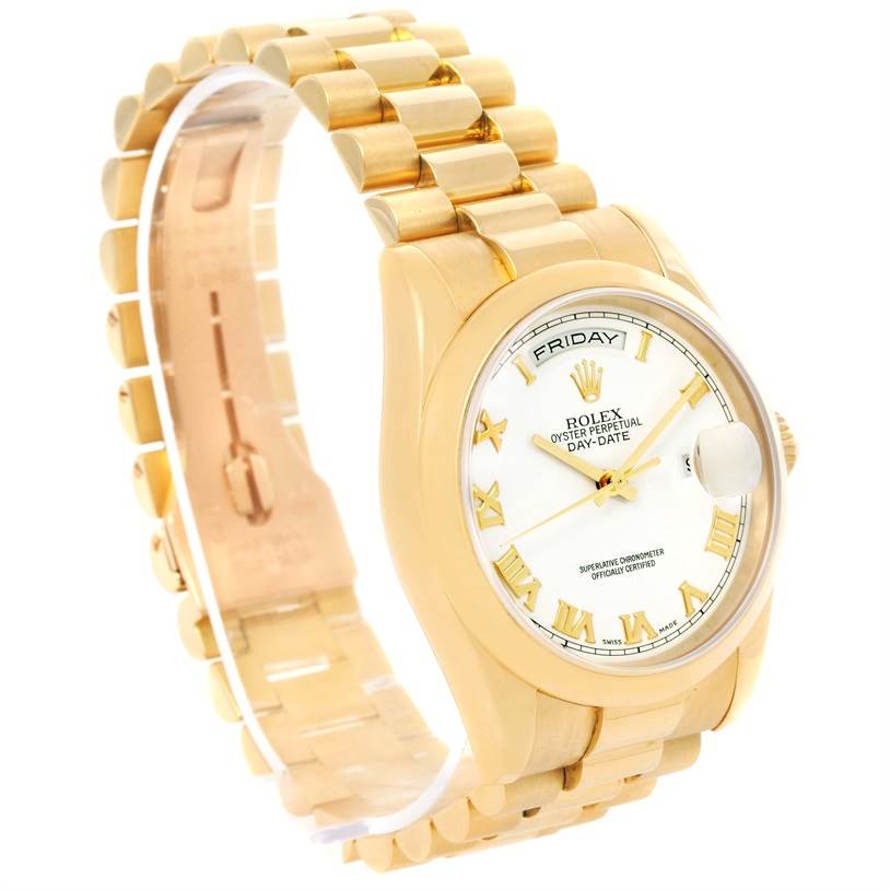 This Rolex President 118208 Men
s Yellow Gold White Dial 118208 Men
s Yellow Gold White Dial model watch is shown at an angle highlighting the face, bracelet, and side profile.