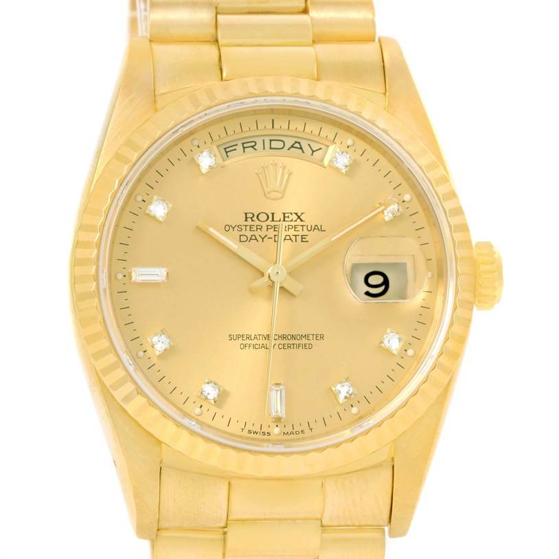 Close-up shot of the Rolex President 18238 Men
s Yellow Gold Champagne Dial 18238 Men
s Yellow Gold Champagne Dial model, showing the dial, bezel, day-date display, and part of the bracelet.