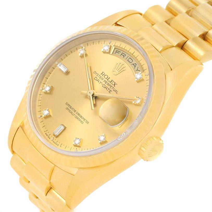 The image shows a Rolex President 18238 Men
s Yellow Gold Champagne Dial 18238 Men
s Yellow Gold Champagne Dial watch model at an angle, highlighting its gold case, bracelet, diamond hour markers, and date display.