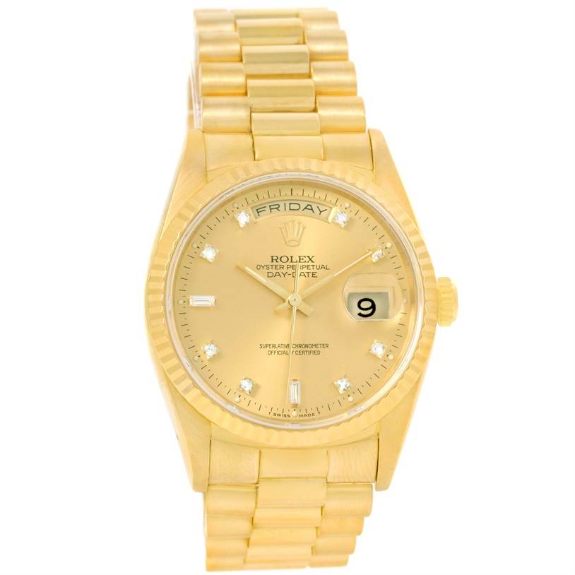 The Rolex President 18238 Men
s Yellow Gold Champagne Dial 18238 Men
s Yellow Gold Champagne Dial model watch is shown from a front angle, displaying the dial, bezel, bracelet, and crown.