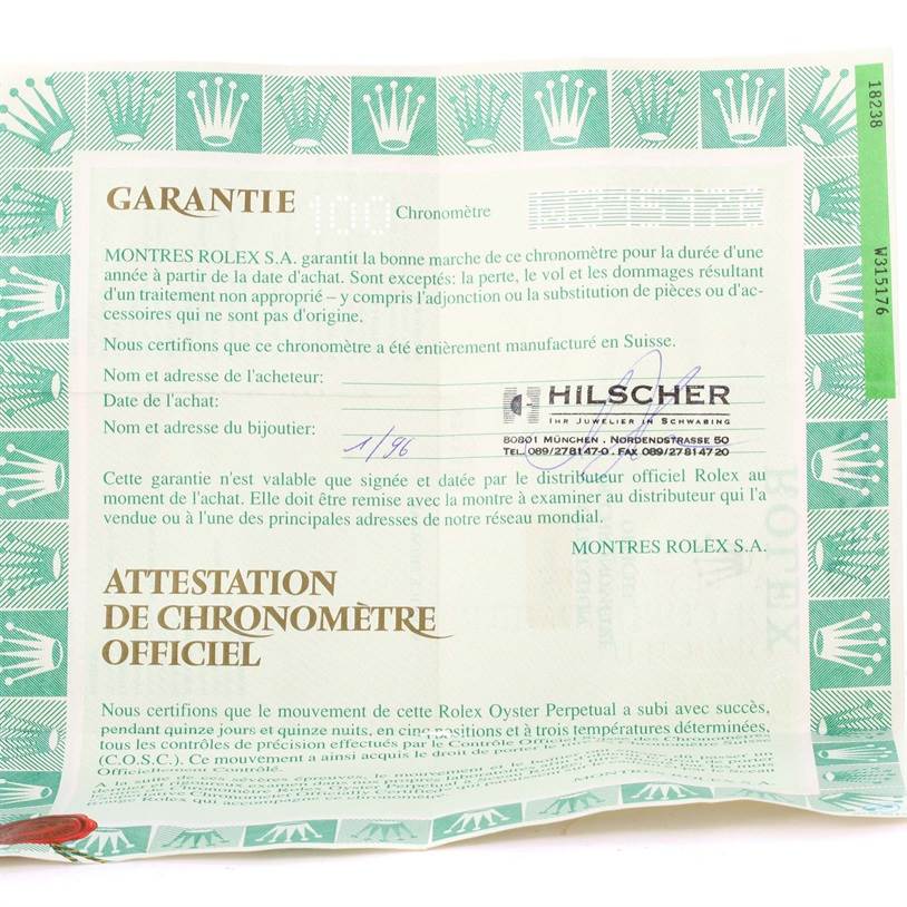 This image shows the warranty certificate for the Rolex President 18238 Men
s Yellow Gold Champagne Dial 18238 Men
s Yellow Gold Champagne Dial model chronometer.