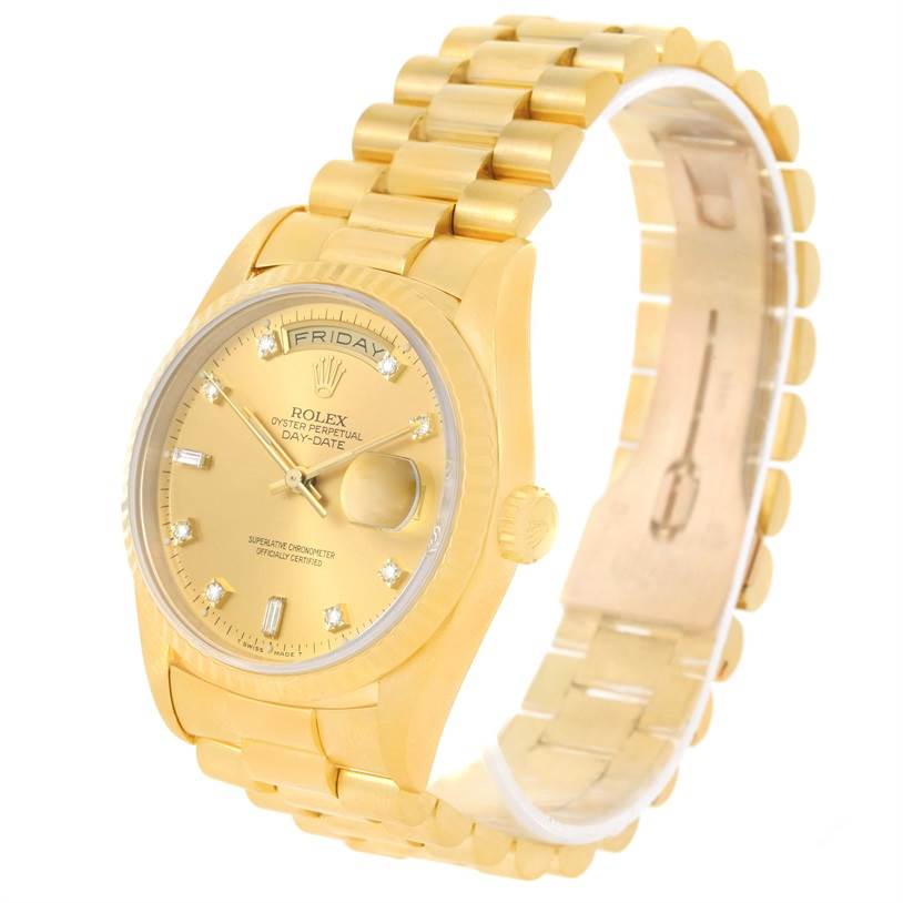 The image shows a Rolex President 18238 Men
s Yellow Gold Champagne Dial 18238 Men
s Yellow Gold Champagne Dial model watch at a three-quarter angle, highlighting the face, crown, bracelet, and clasp.