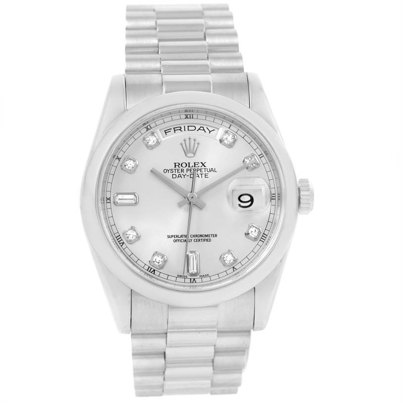The image shows a front view of a Rolex President 118206 Men's Platinum Silver Dial 118206 Men's Platinum Silver Dial model watch, highlighting its dial, bracelet, and date window.