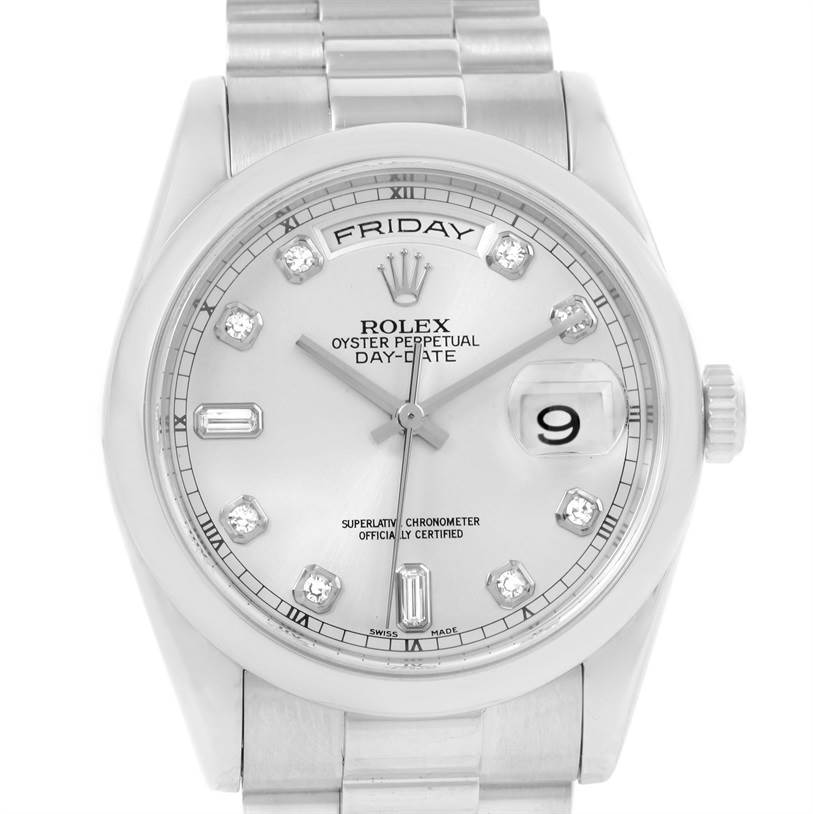 The image shows a front view of the Rolex President 118206 Men's Platinum Silver Dial 118206 Men's Platinum Silver Dial Oyster Perpetual Day-Date watch, displaying the dial, day, and date.
