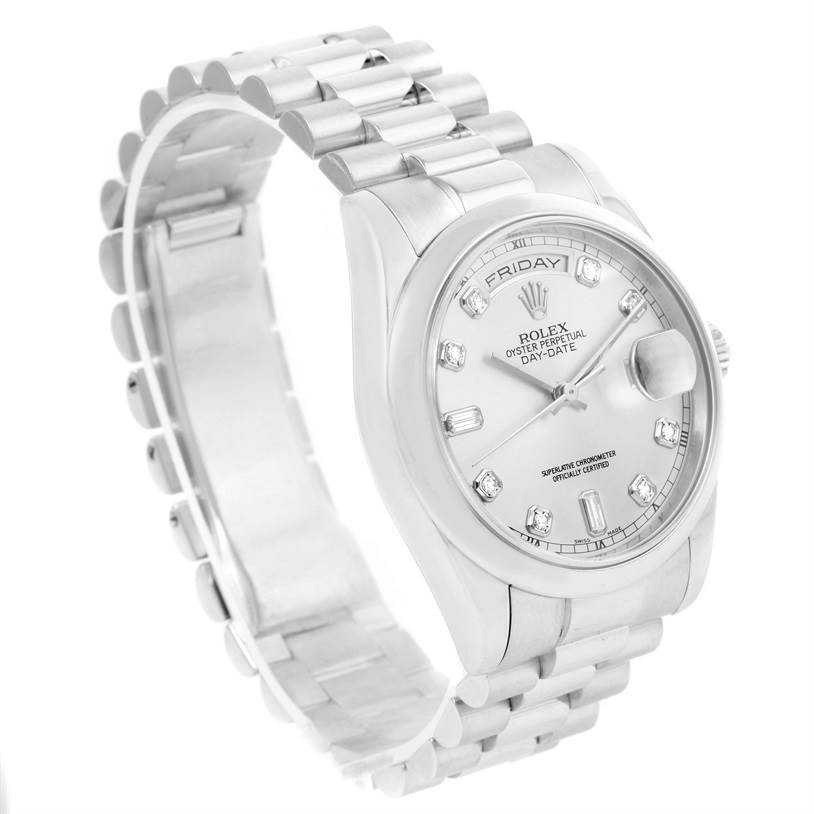 The image shows a Rolex President 118206 Men's Platinum Silver Dial 118206 Men's Platinum Silver Dial model watch at a quarter-angle, highlighting the bracelet, face with diamond hour markers, and day-date feature.