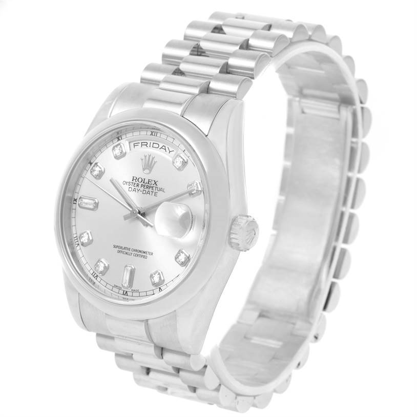 The Rolex President 118206 Men's Platinum Silver Dial 118206 Men's Platinum Silver Dial model is shown at a slight right side angle, displaying its bracelet, dial, crown, and day-date features.