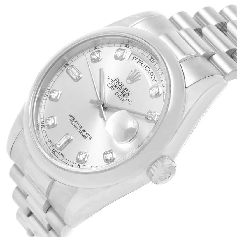 The Rolex President 118206 Men's Platinum Silver Dial 118206 Men's Platinum Silver Dial model watch is shown at an angle displaying the face, bezel, crown, and part of the bracelet.