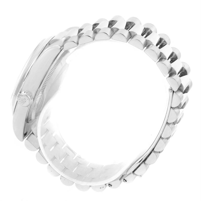 This image shows a side view of the Rolex President 118206 Men's Platinum Silver Dial 118206 Men's Platinum Silver Dial model, displaying the bracelet and the right side of the watch case, including the crown.