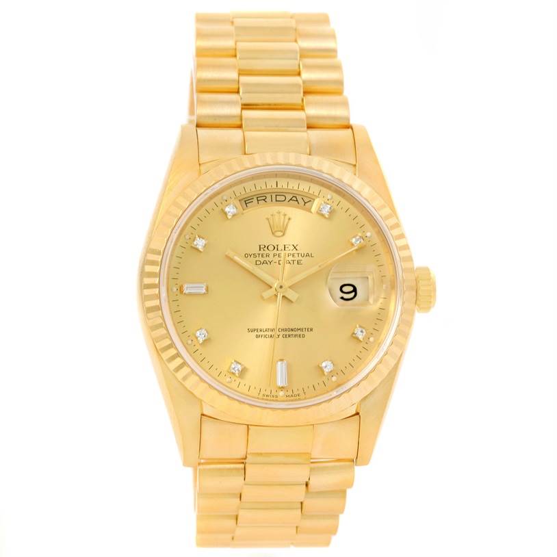 The image shows a frontal view of a Rolex President 18238 Men
s Yellow Gold Champagne Dial 18238 Men
s Yellow Gold Champagne Dial model watch, featuring the face, bracelet, day, and date indicators.