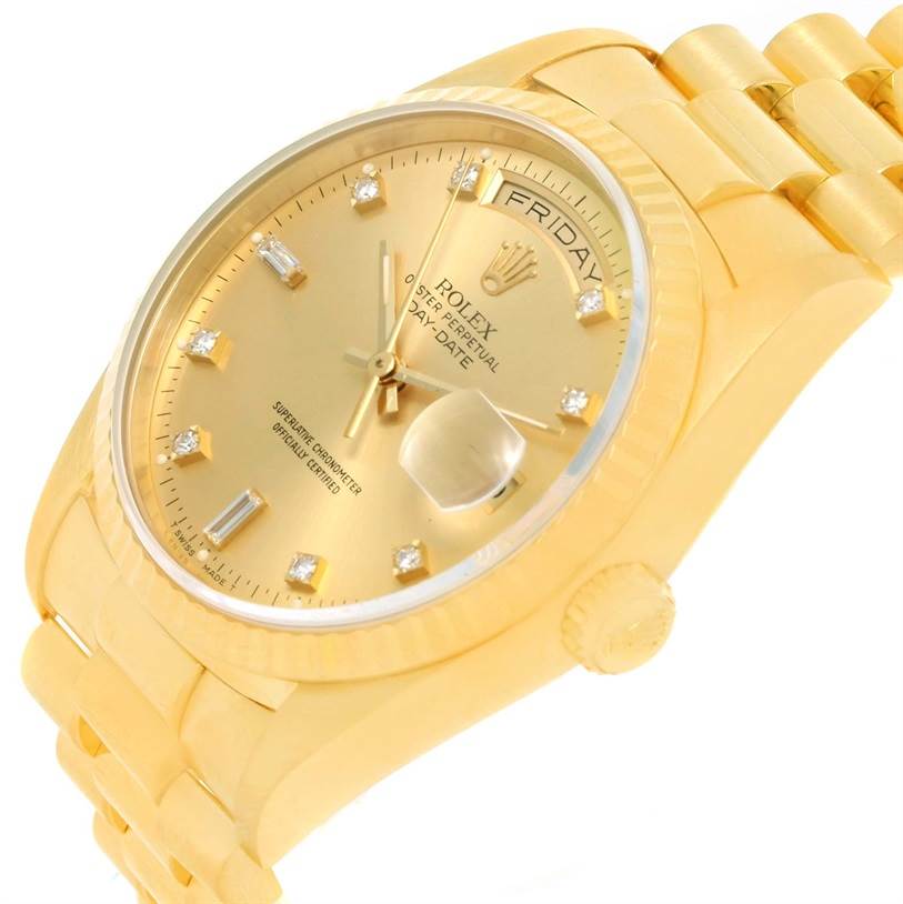 This image shows a Rolex President 18238 Men
s Yellow Gold Champagne Dial 18238 Men
s Yellow Gold Champagne Dial model watch from a three-quarter angle, highlighting the gold bracelet and dial.