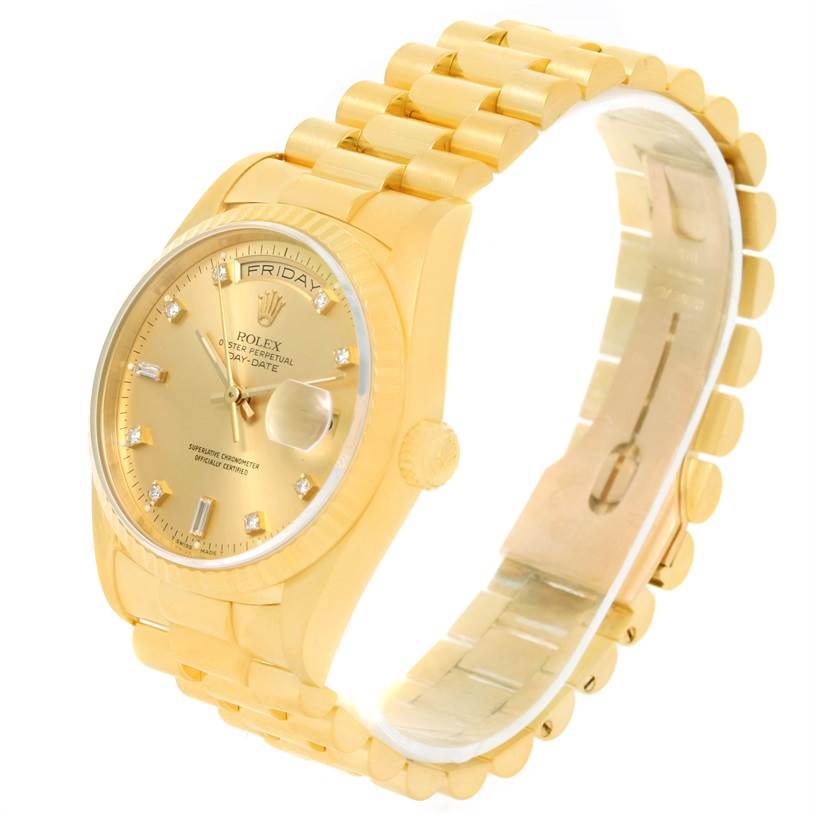 The image shows a side view of the Rolex President 18238 Men
s Yellow Gold Champagne Dial 18238 Men
s Yellow Gold Champagne Dial model watch, displaying its dial, bracelet, and crown.